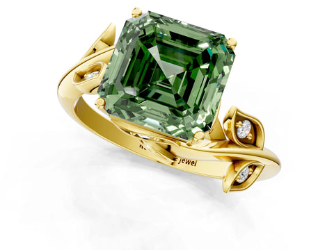 Yellow gold Fancy Green Asscher Cut Solitaire Twist Engagement Ring with Leaf Accents and Prong Setting_13