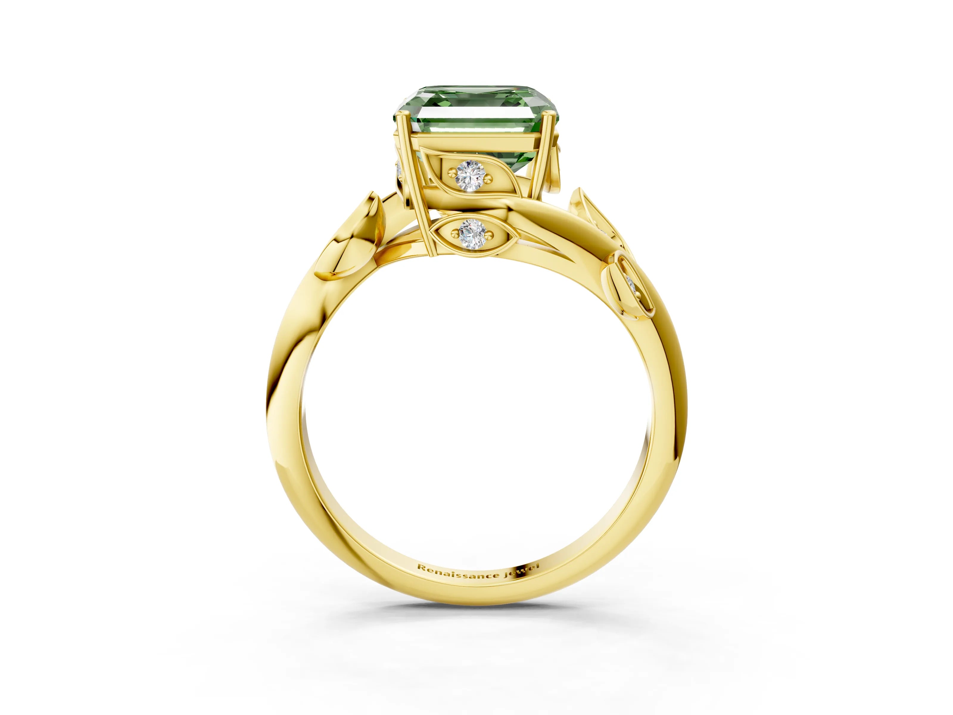 Yellow gold Fancy Green Asscher Cut Solitaire Twist Engagement Ring with Leaf Accents and Prong Setting_15