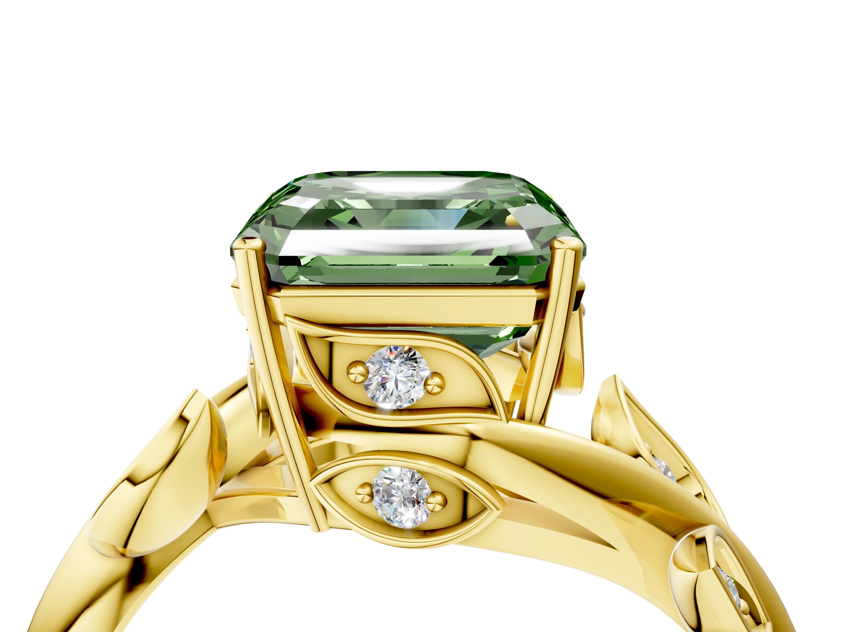 Yellow gold Fancy Green Asscher Cut Solitaire Twist Engagement Ring with Leaf Accents and Prong Setting_16