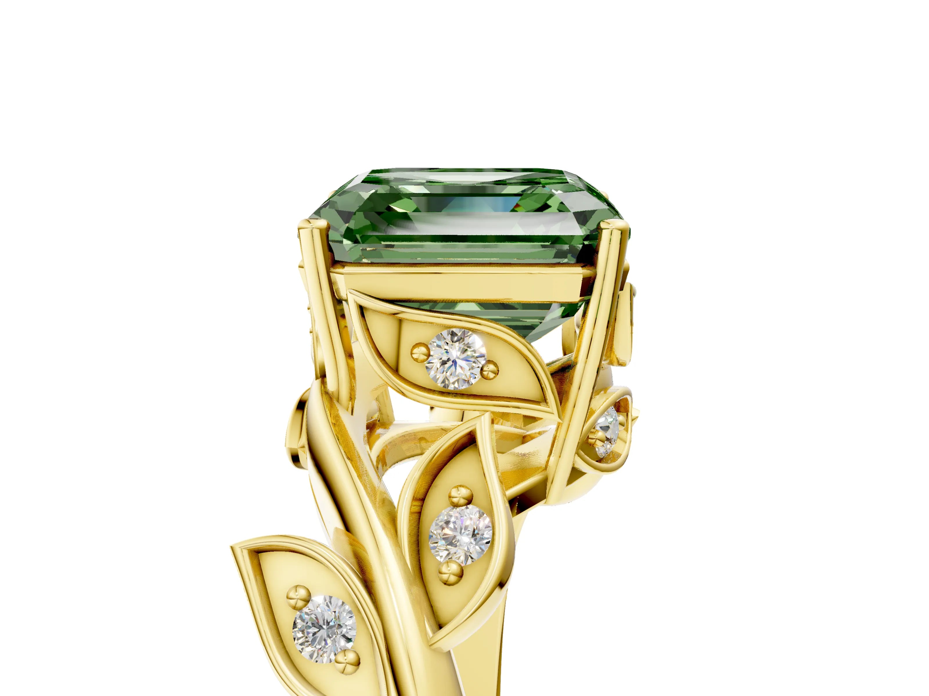 Yellow gold Fancy Green Asscher Cut Solitaire Twist Engagement Ring with Leaf Accents and Prong Setting_17