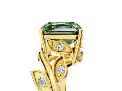 Yellow gold Fancy Green Asscher Cut Solitaire Twist Engagement Ring with Leaf Accents and Prong Setting_17