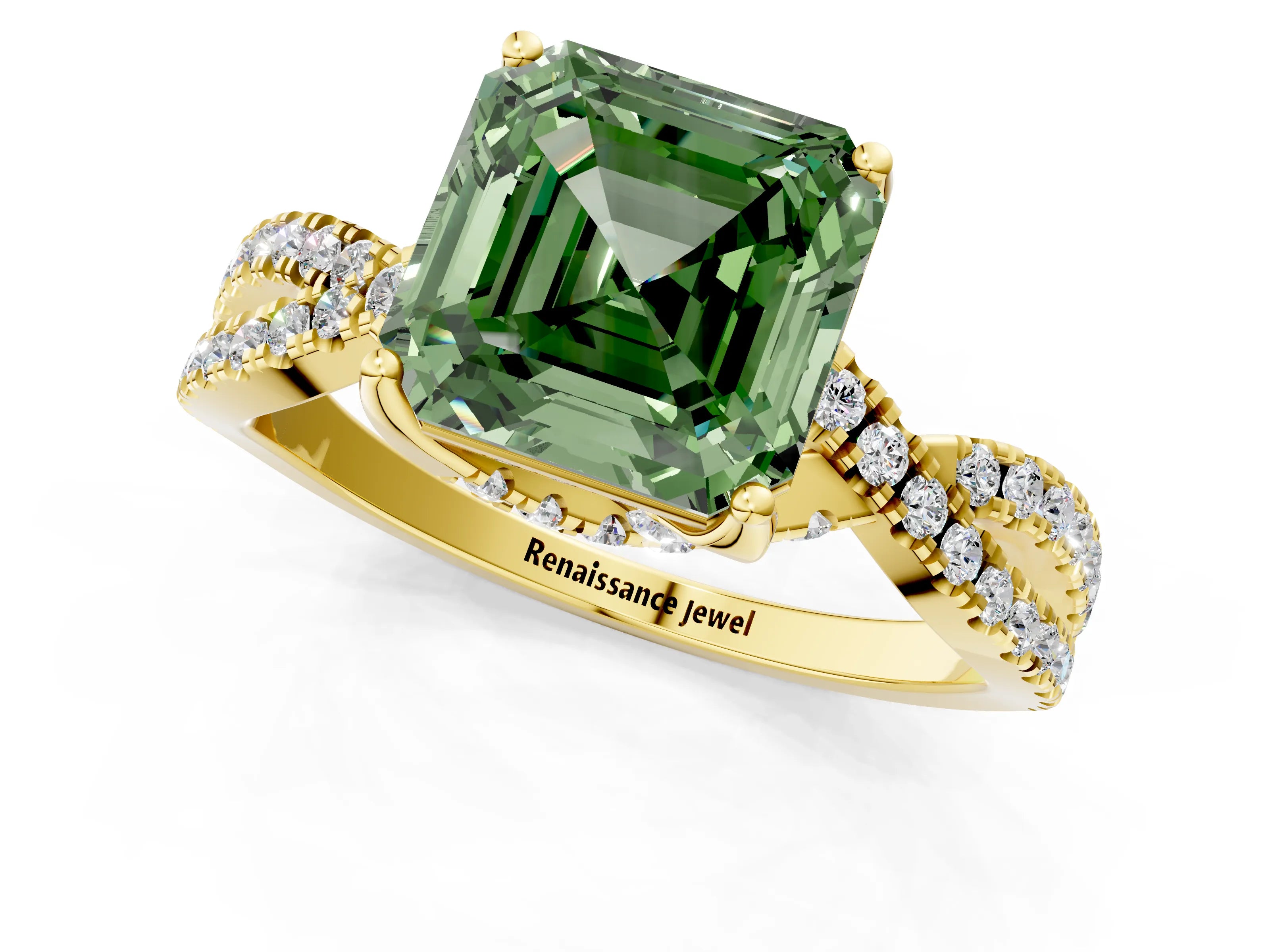 Yellow gold Fancy Green Asscher Cut Solitaire Twist Pave Diamond Engagement Ring with Prong Setting_1
