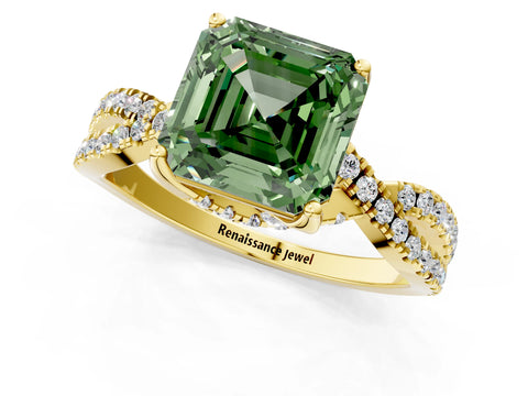 Yellow gold Fancy Green Asscher Cut Solitaire Twist Pave Diamond Engagement Ring with Prong Setting_1