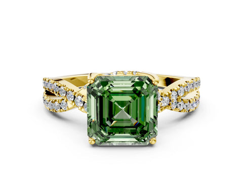 Yellow gold Fancy Green Asscher Cut Solitaire Twist Pave Diamond Engagement Ring with Prong Setting