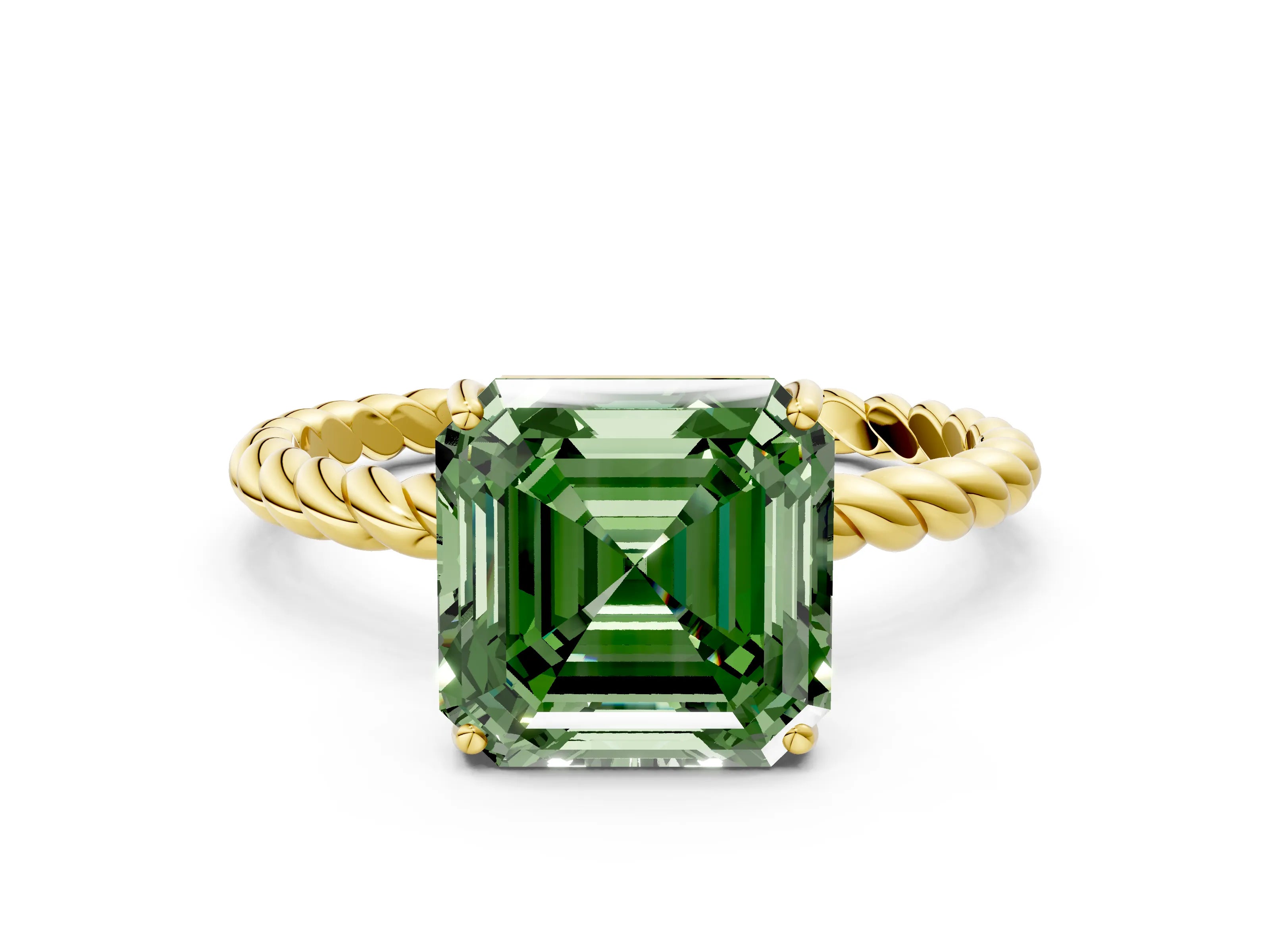 Yellow gold Fancy Green Asscher Cut Solitaire Twisted Band 4-Prong Ring