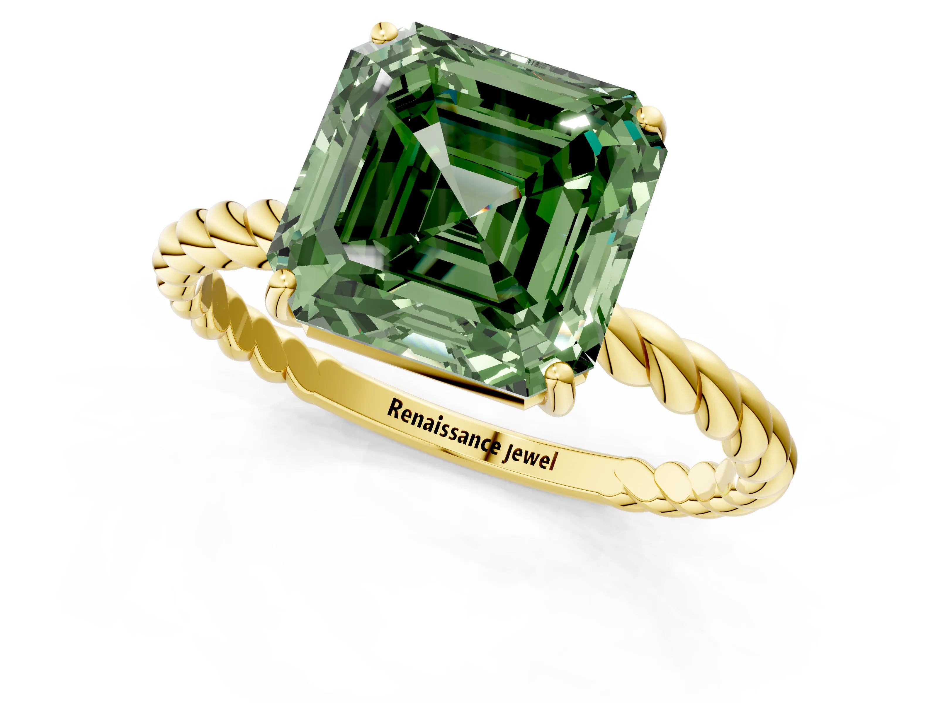 Yellow gold Fancy Green Asscher Cut Solitaire Twisted Band 4-Prong Ring_1