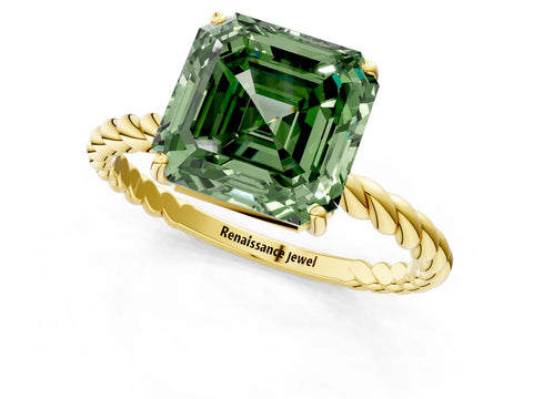 Yellow gold Fancy Green Asscher Cut Solitaire Twisted Band 4-Prong Ring_1