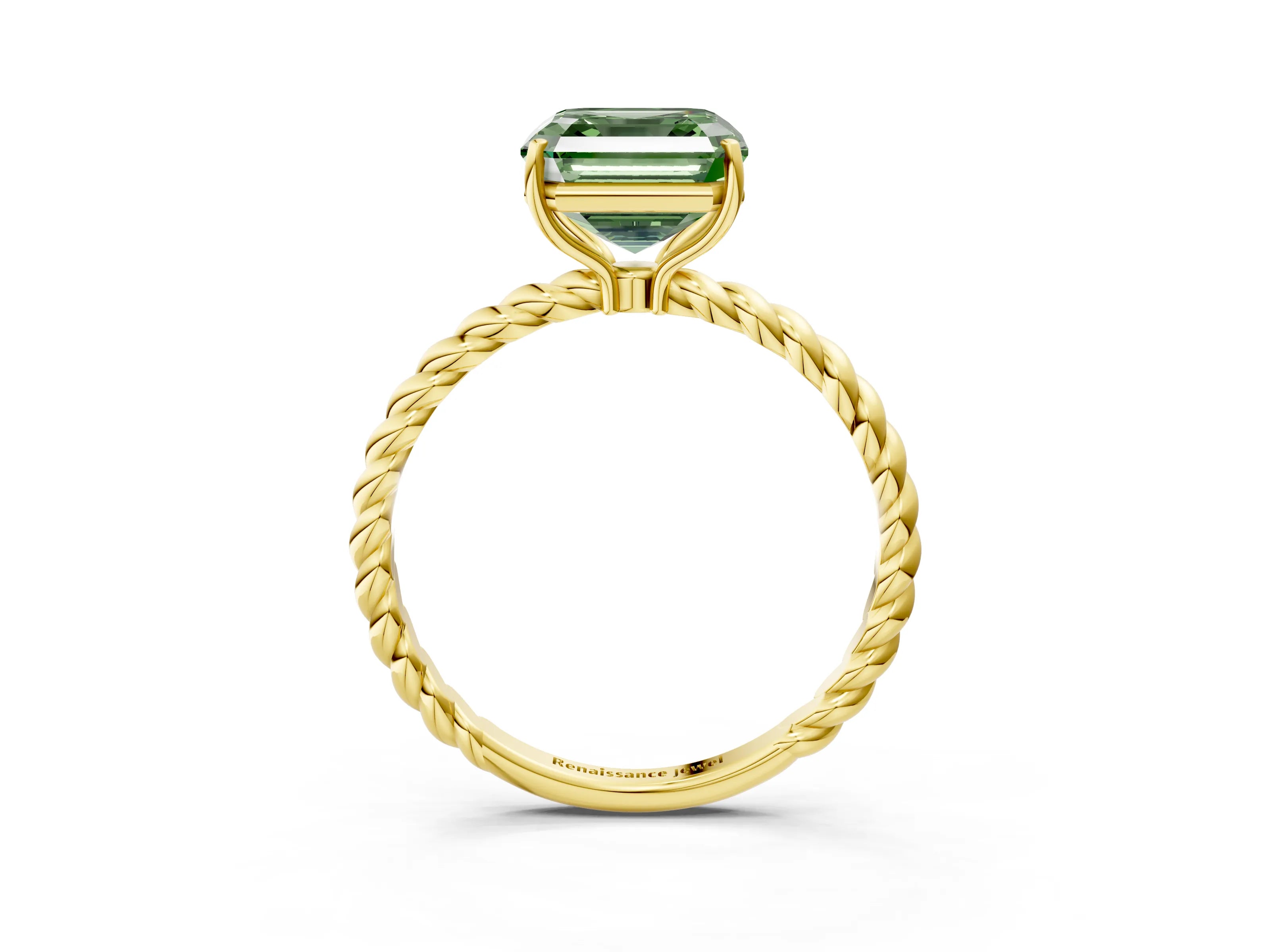 Yellow gold Fancy Green Asscher Cut Solitaire Twisted Band 4-Prong Ring_3
