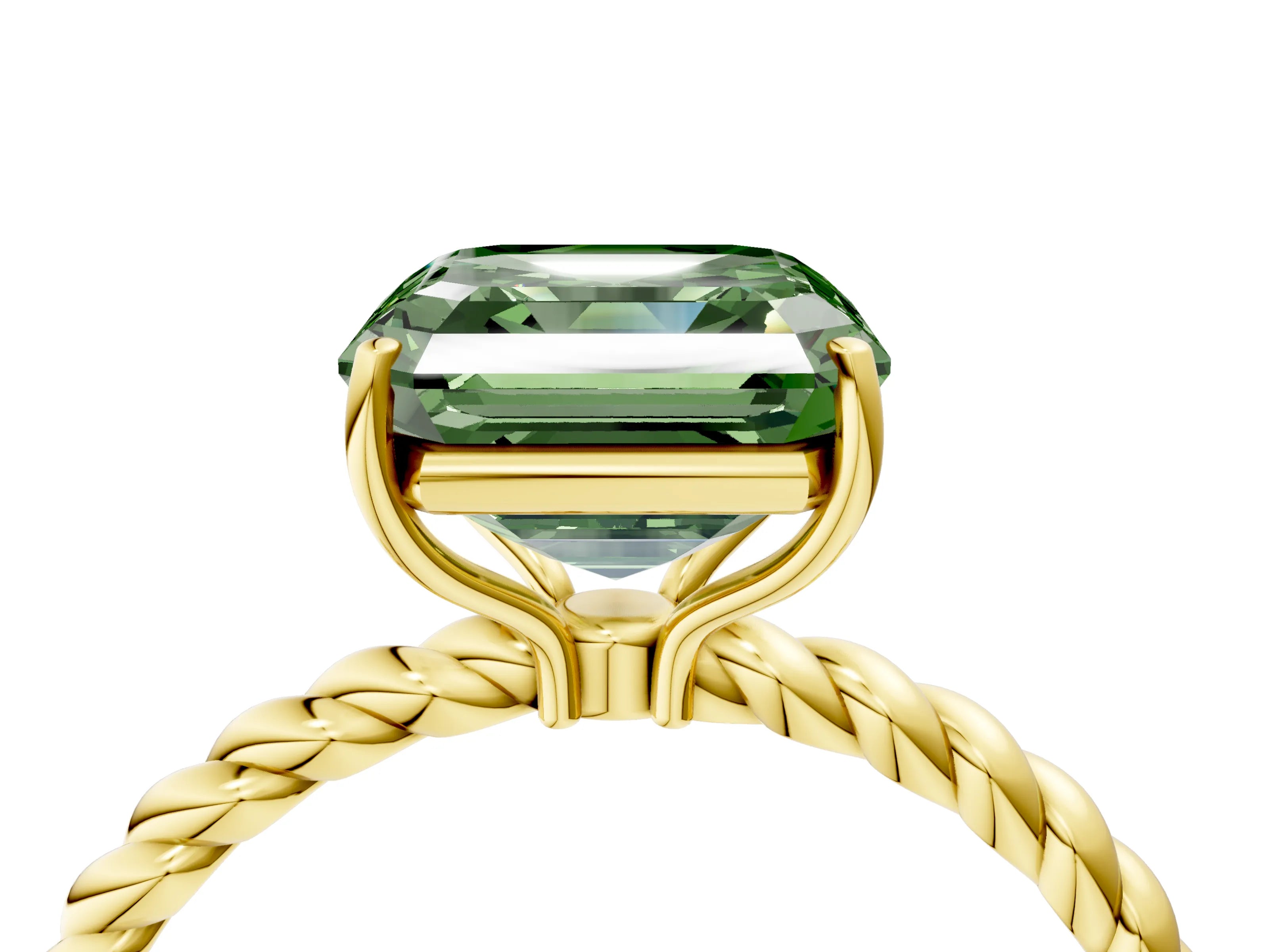 Yellow gold Fancy Green Asscher Cut Solitaire Twisted Band 4-Prong Ring_4