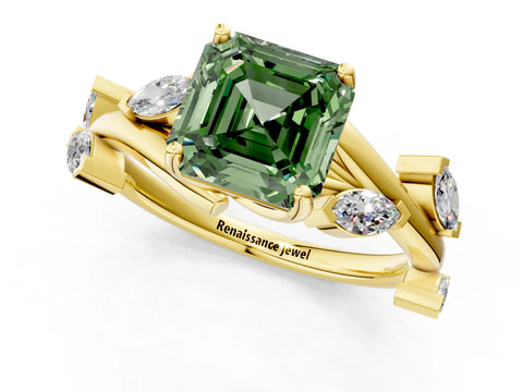 Yellow gold Fancy Green Asscher Cut Solitaire Twisted Band Marquise Accent Prong Setting Ring_1