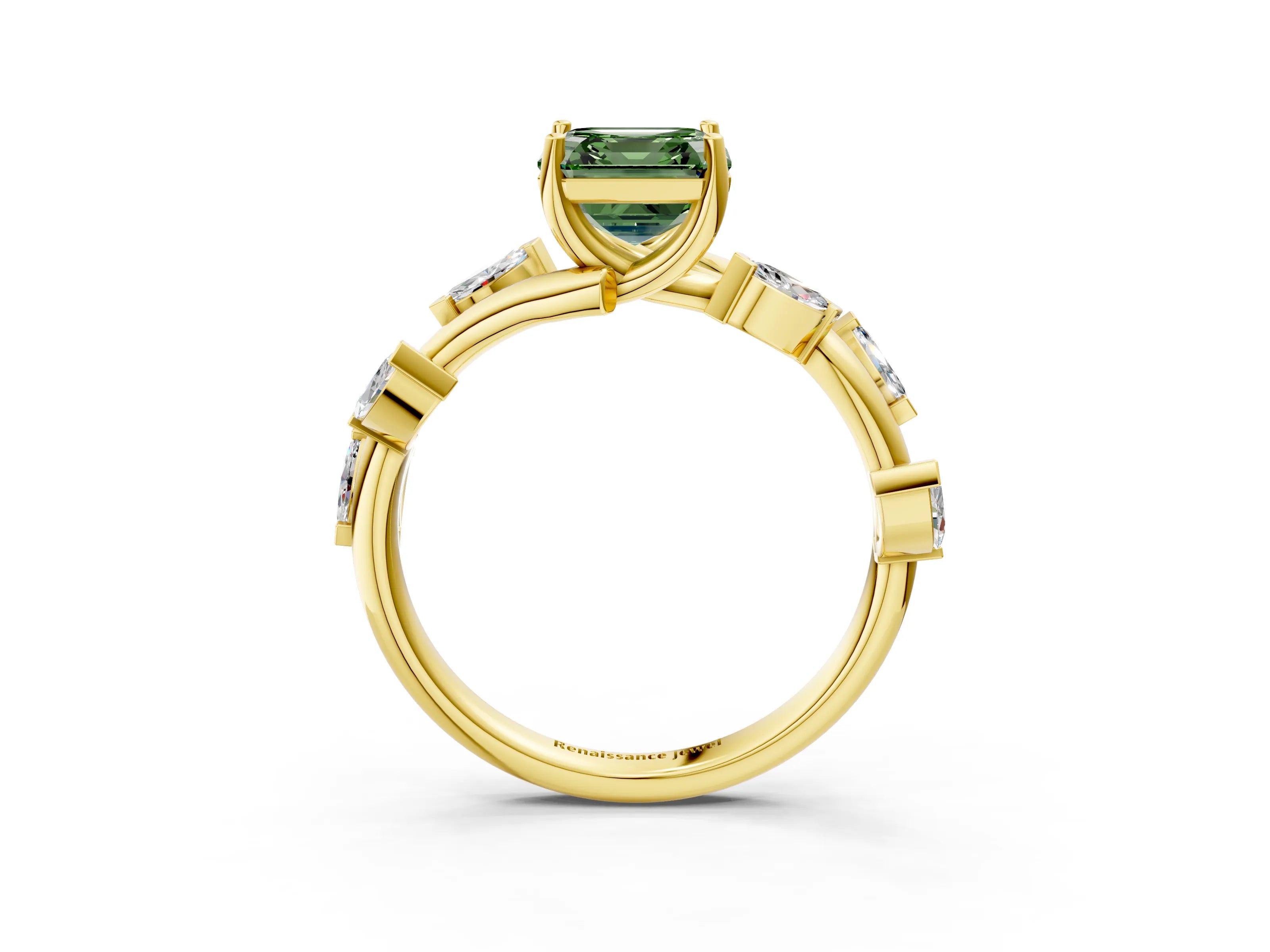 Yellow gold Fancy Green Asscher Cut Solitaire Twisted Band Marquise Accent Prong Setting Ring_3