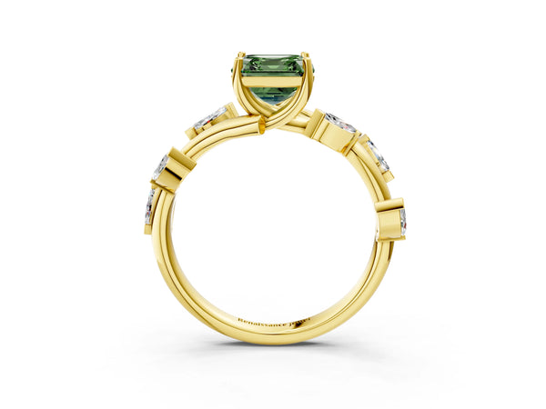 Yellow Gold Asscher Cut Marquise Accent Twisted Engagement Ring Setting for Fancy Green Center