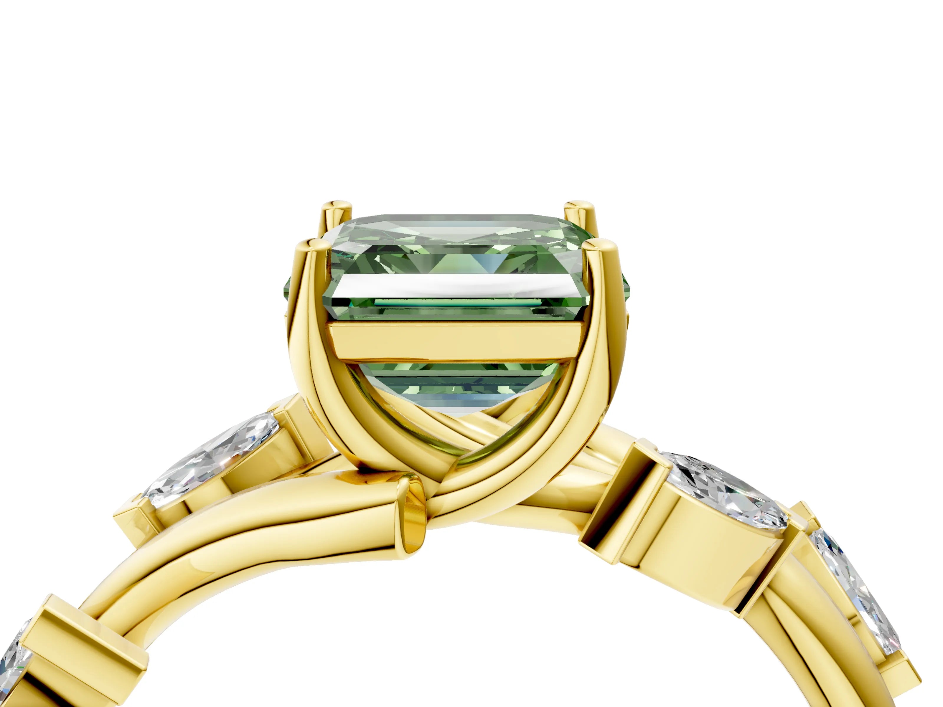 Yellow gold Fancy Green Asscher Cut Solitaire Twisted Band Marquise Accent Prong Setting Ring_4