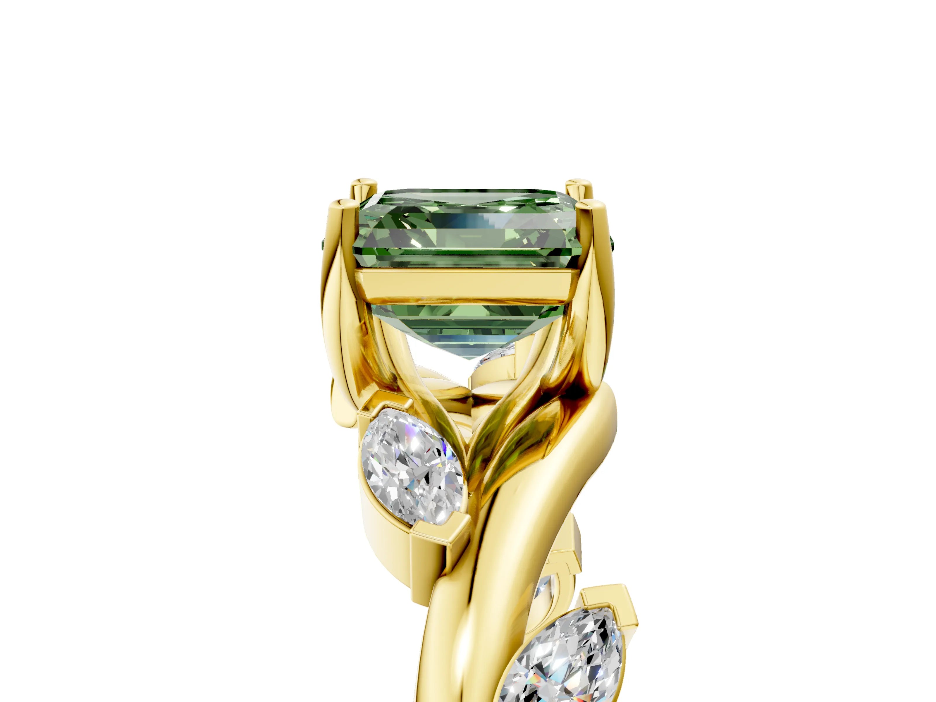 Yellow gold Fancy Green Asscher Cut Solitaire Twisted Band Marquise Accent Prong Setting Ring_5
