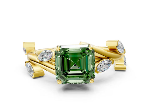 Yellow gold Fancy Green Asscher Cut Solitaire Twisted Band Marquise Accent Prong Setting Ring