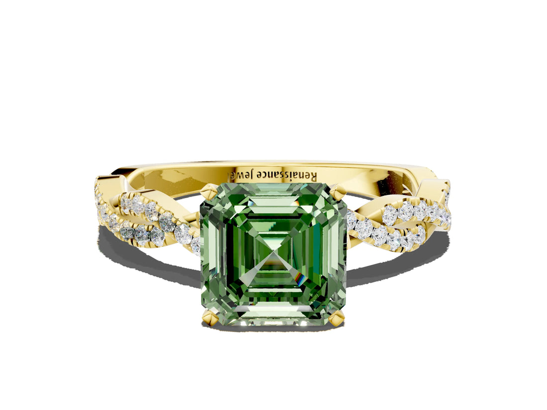 Yellow gold Fancy Green Asscher Cut Solitaire Twisted Pave Band with Four-Prong Setting_3