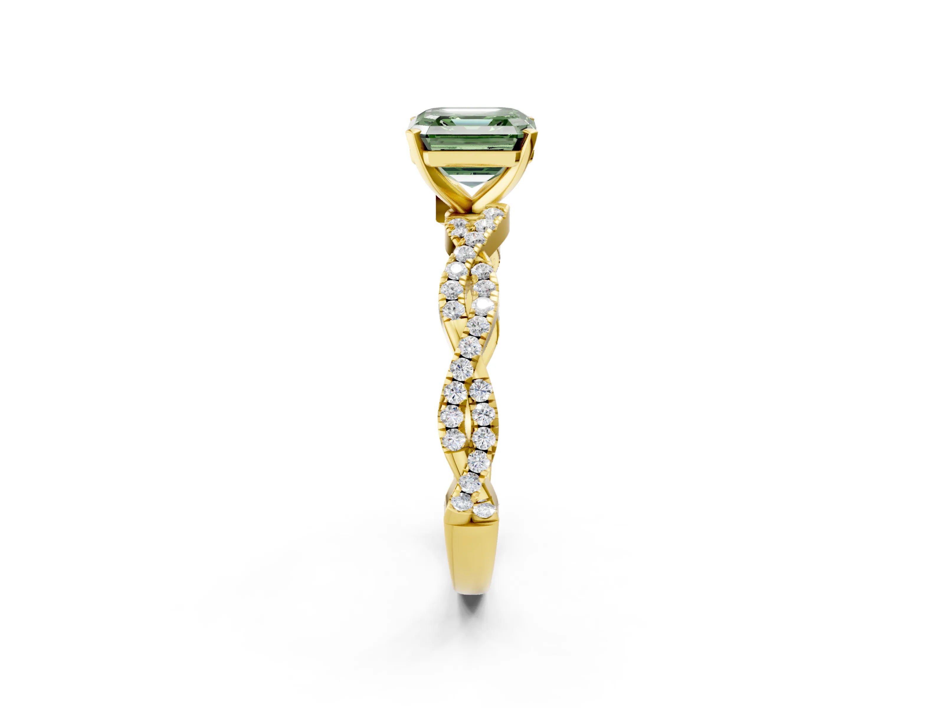 Yellow gold Fancy Green Asscher Cut Solitaire Twisted Pave Band with Four-Prong Setting_4