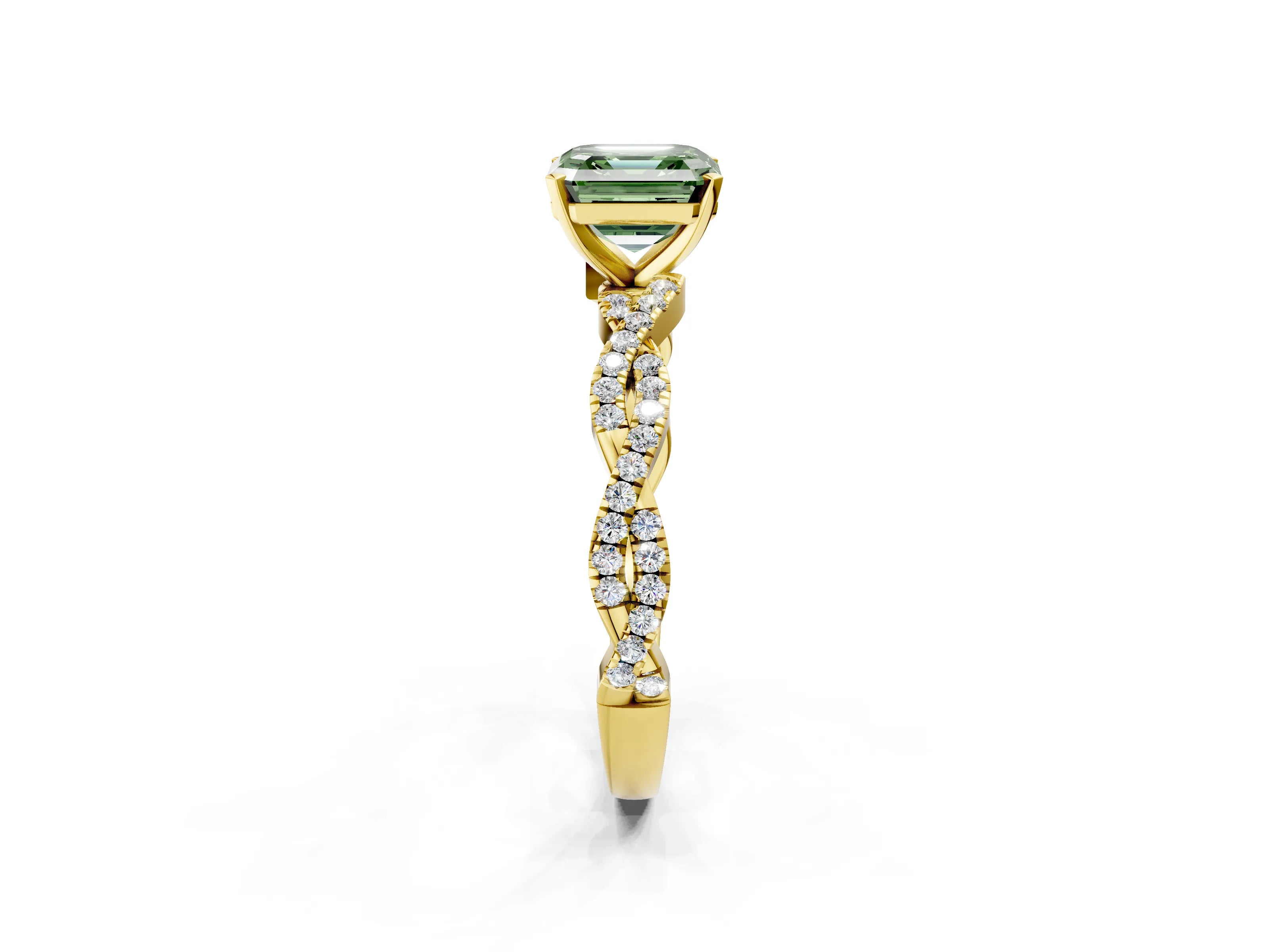 Yellow gold Fancy Green Asscher Cut Solitaire Twisted Pave Band with Four-Prong Setting_5