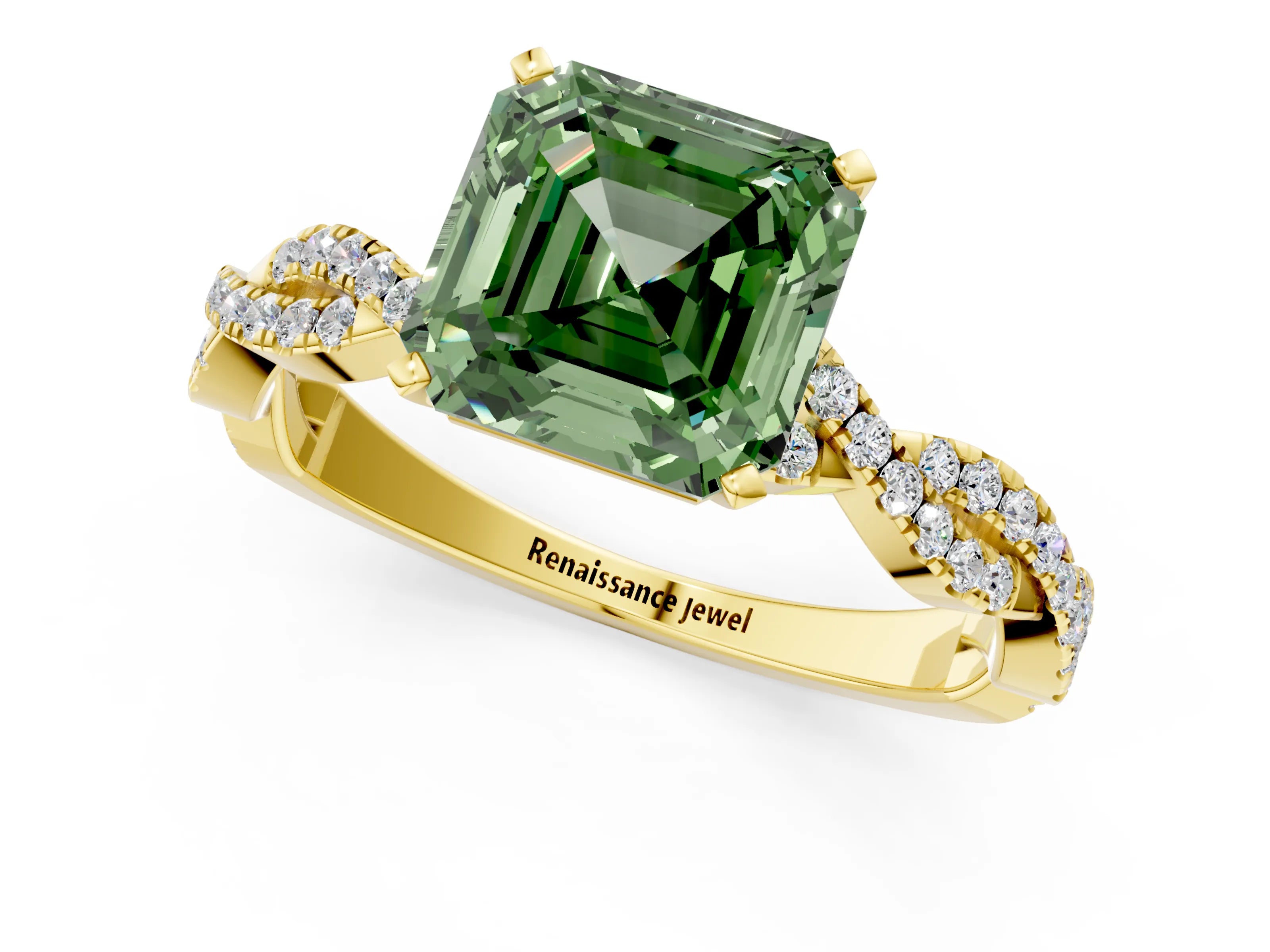 Yellow gold Fancy Green Asscher Cut Solitaire Twisted Pave Band with Four-Prong Setting_6
