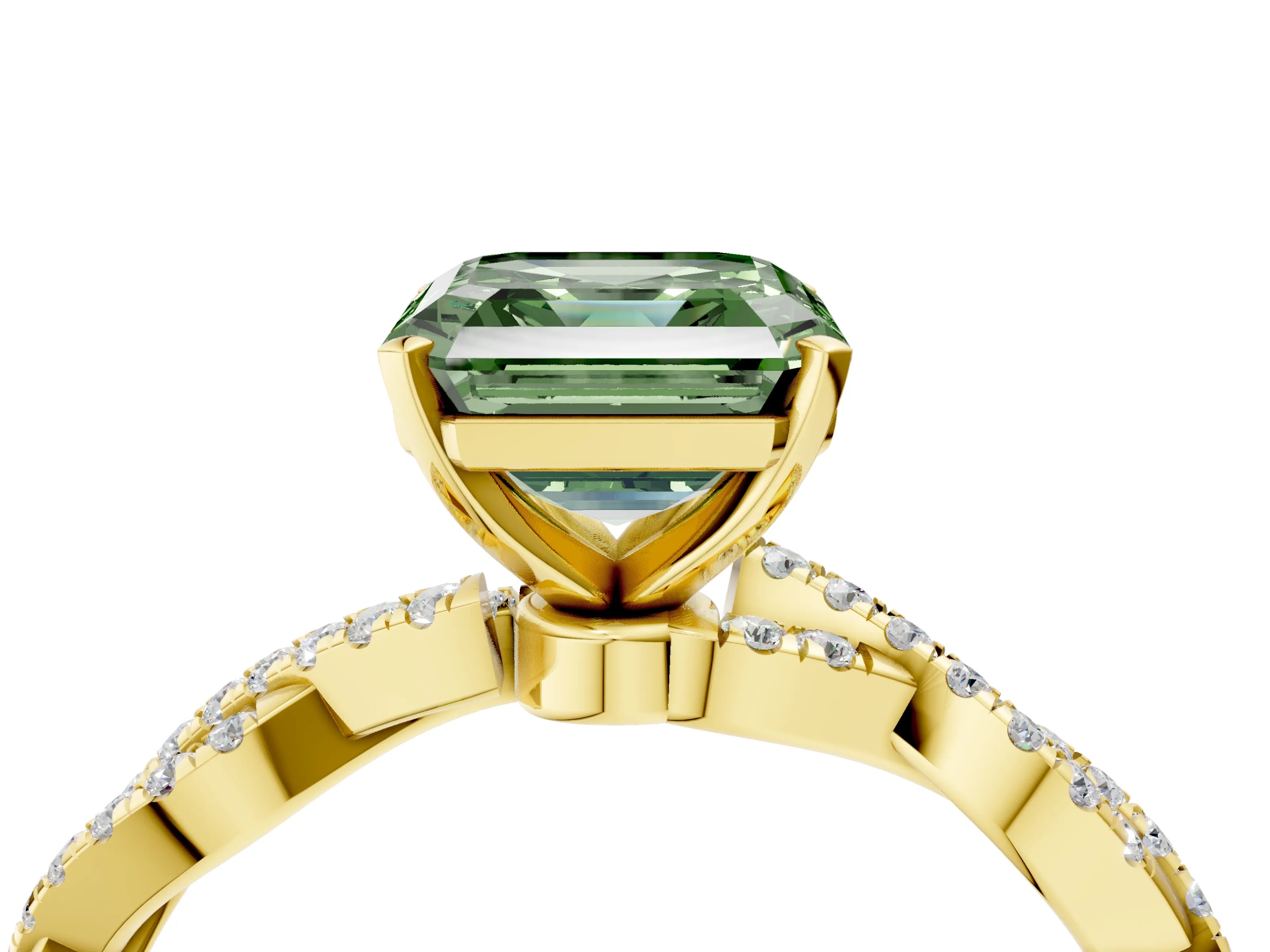 Yellow gold Fancy Green Asscher Cut Solitaire Twisted Pave Band with Four-Prong Setting_7