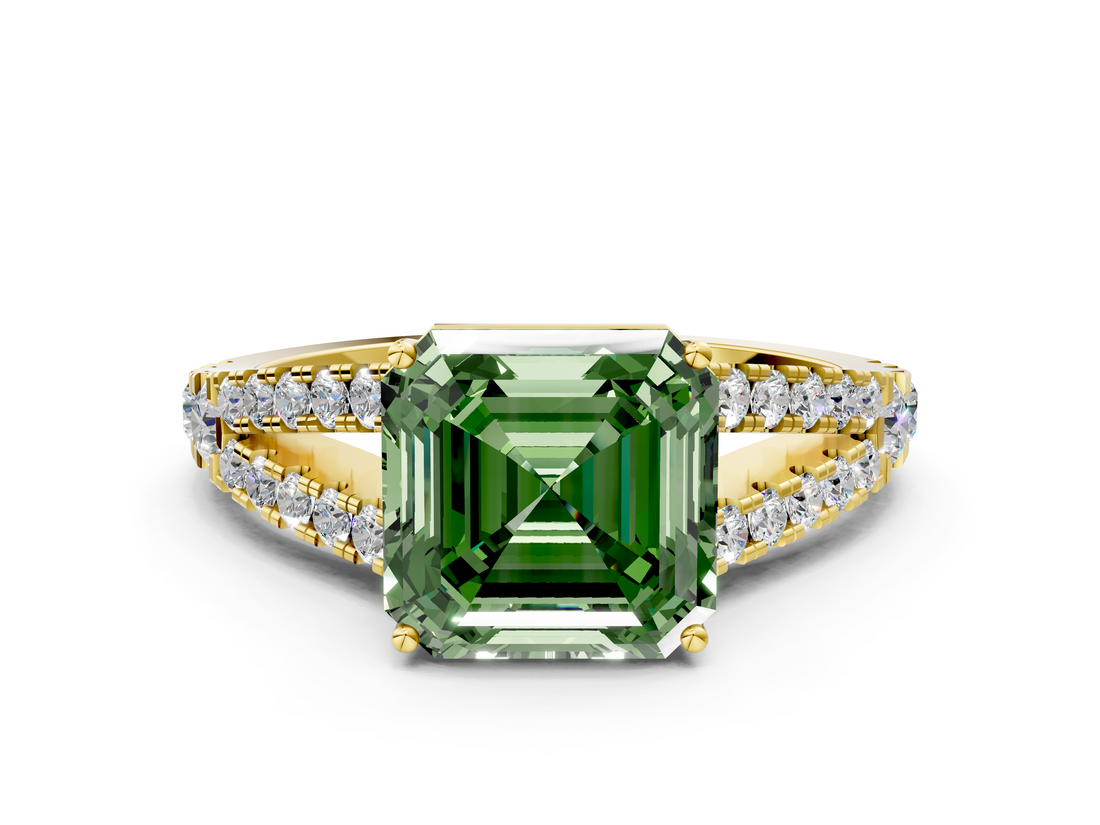 Yellow gold Fancy Green Asscher  Cut Split Shank Pave Diamond Engagement Ring with Four-Prong Setting