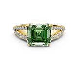 Yellow gold Fancy Green Asscher  Cut Split Shank Pave Diamond Engagement Ring with Four-Prong Setting