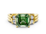 Yellow gold Fancy Green Asscher  Cut Three-Stone Channel Set Ring with Bar Prongs