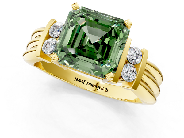 Yellow Gold Asscher Cut Grooved Band Engagement Ring Setting for Fancy Green Center