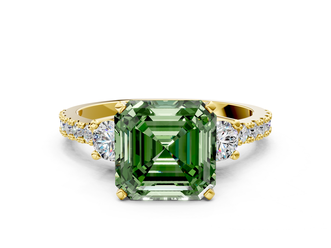 Yellow gold Fancy Green Asscher  Cut Three-Stone Diamond Pavé Band with Prong Setting_17