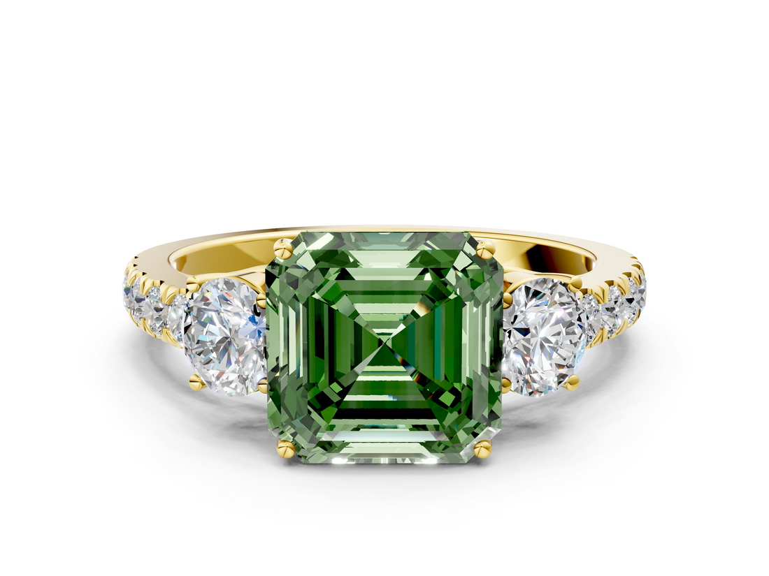 Yellow gold Fancy Green Asscher  Cut Three-Stone Diamond Pave Band with Prong Setting_52