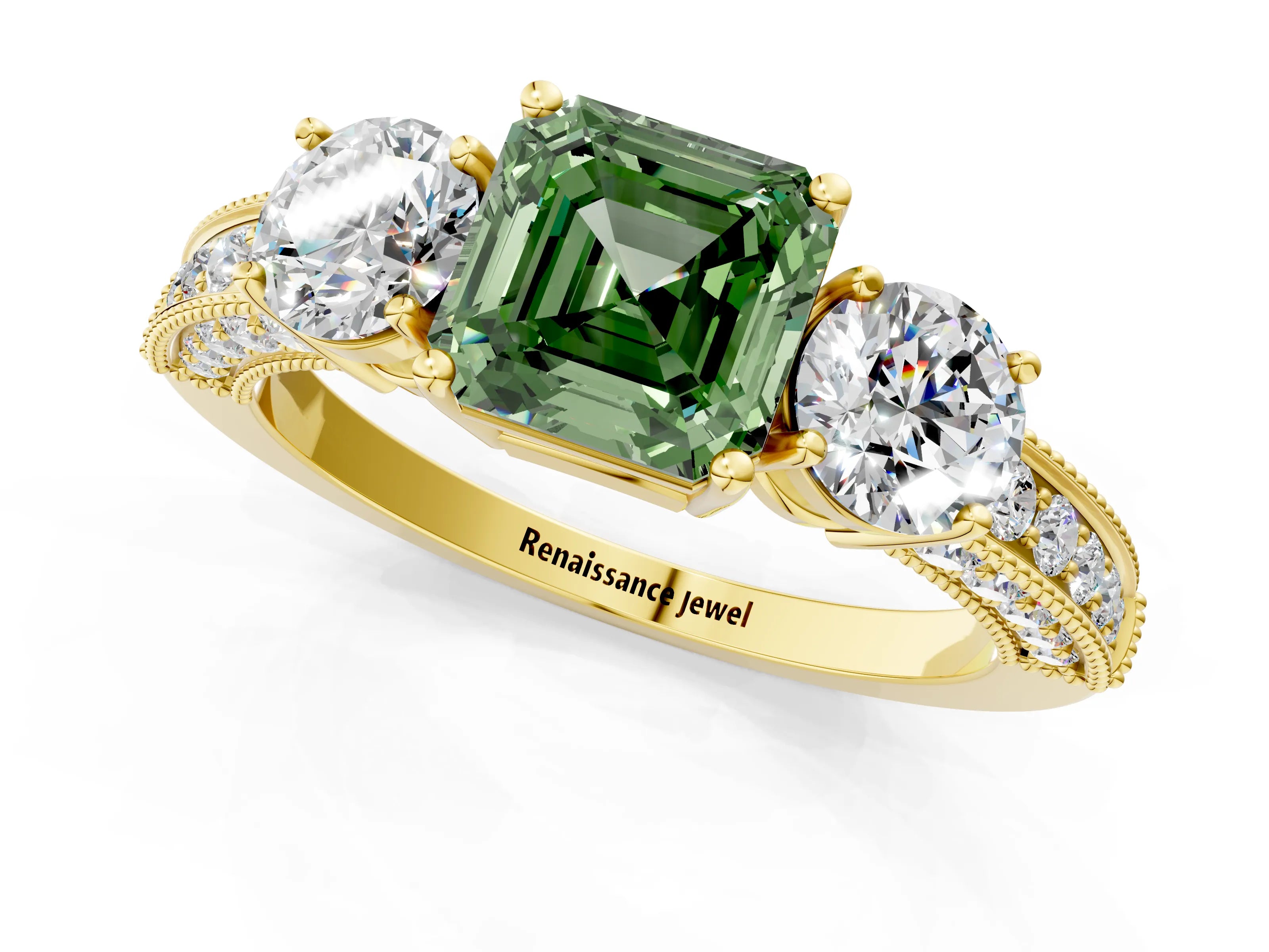 Yellow gold Fancy Green Asscher Cut Three-Stone Diamond Ring with Pavé Band and Four-Prong Setting_1