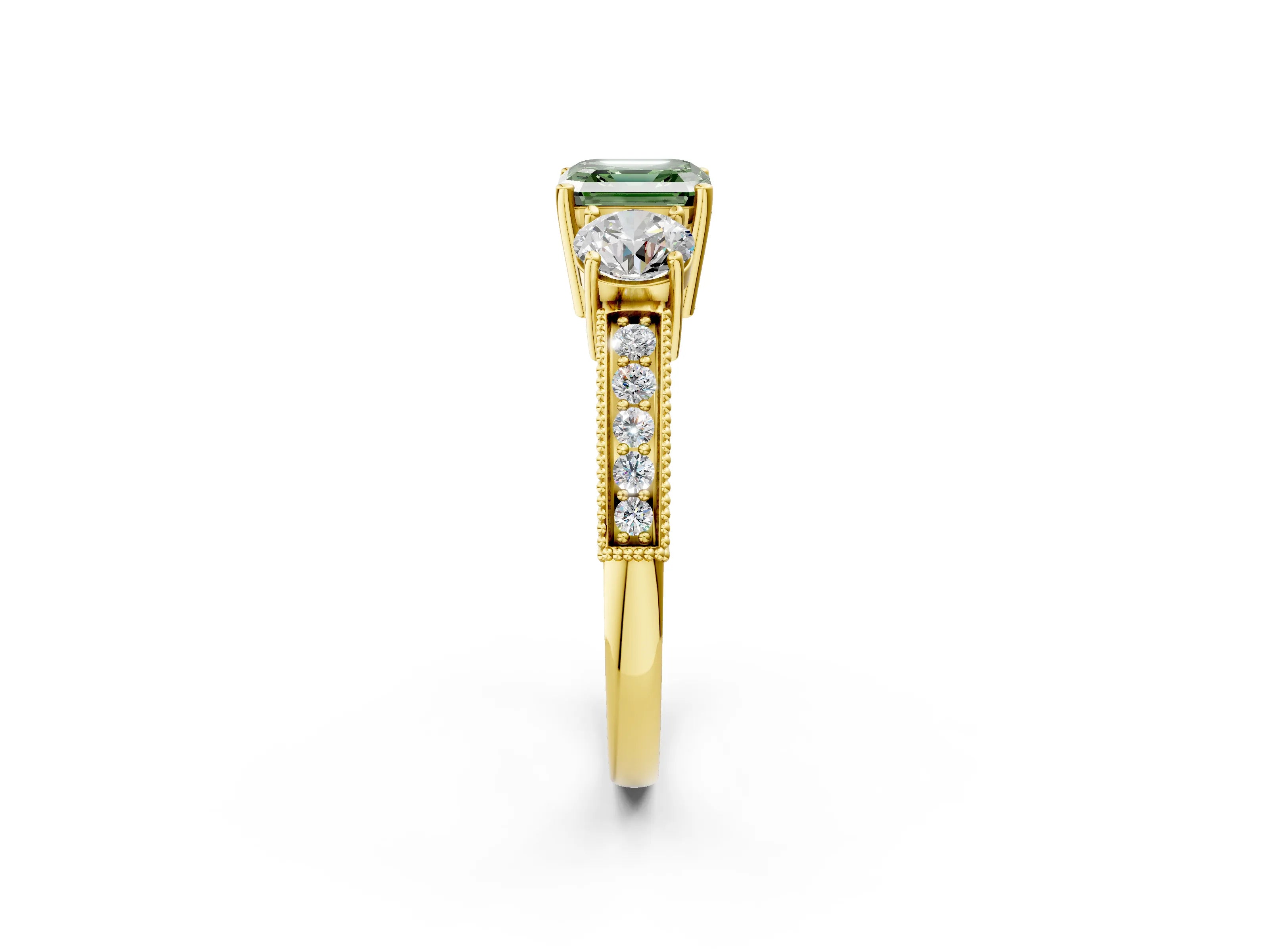 Yellow gold Fancy Green Asscher Cut Three-Stone Diamond Ring with Pavé Band and Four-Prong Setting_2