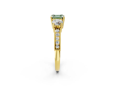 Yellow gold Fancy Green Asscher Cut Three-Stone Diamond Ring with Pavé Band and Four-Prong Setting_2