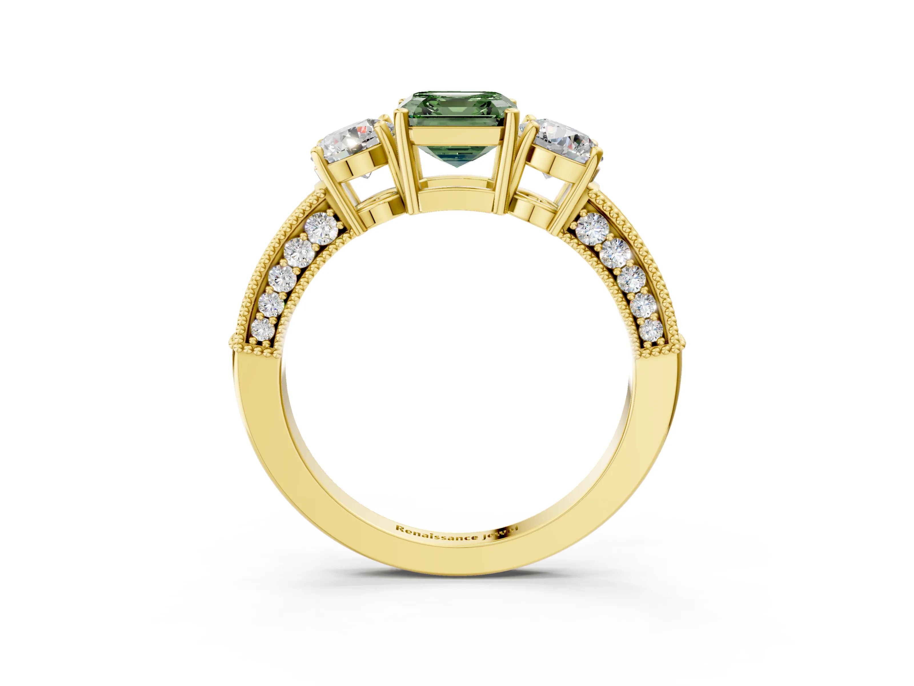 Yellow gold Fancy Green Asscher Cut Three-Stone Diamond Ring with Pavé Band and Four-Prong Setting_3