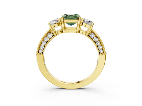Yellow gold Fancy Green Asscher Cut Three-Stone Diamond Ring with Pavé Band and Four-Prong Setting_3