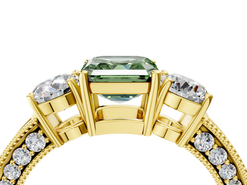 Yellow gold Fancy Green Asscher Cut Three-Stone Diamond Ring with Pavé Band and Four-Prong Setting_4