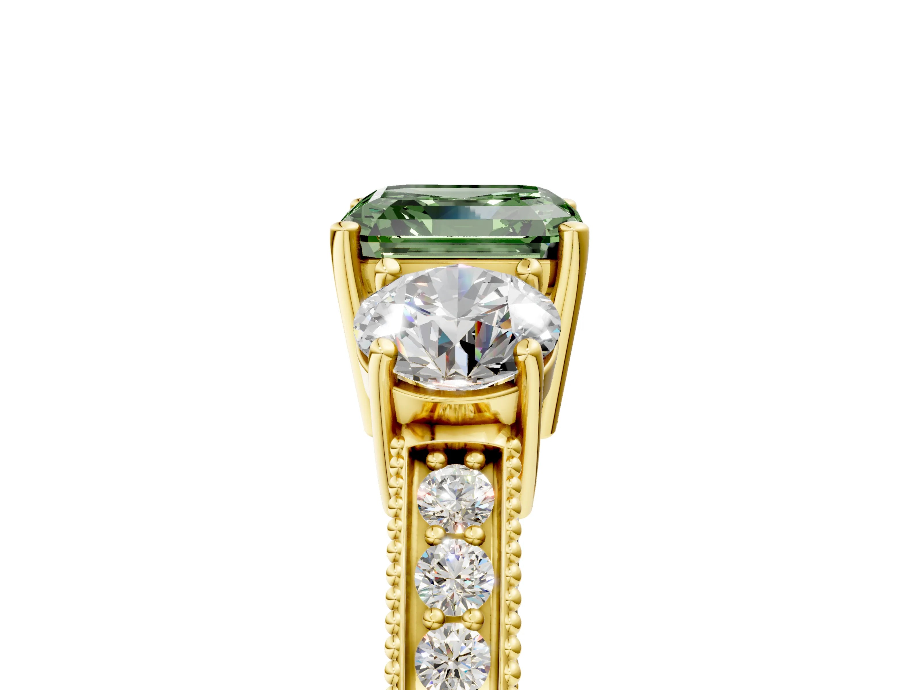 Yellow gold Fancy Green Asscher Cut Three-Stone Diamond Ring with Pavé Band and Four-Prong Setting_5