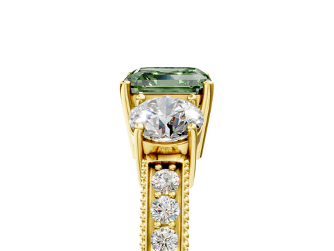 Yellow gold Fancy Green Asscher Cut Three-Stone Diamond Ring with Pavé Band and Four-Prong Setting_5