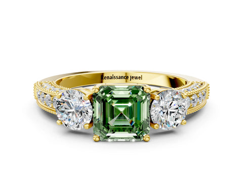Yellow gold Fancy Green Asscher Cut Three-Stone Diamond Ring with Pavé Band and Four-Prong Setting