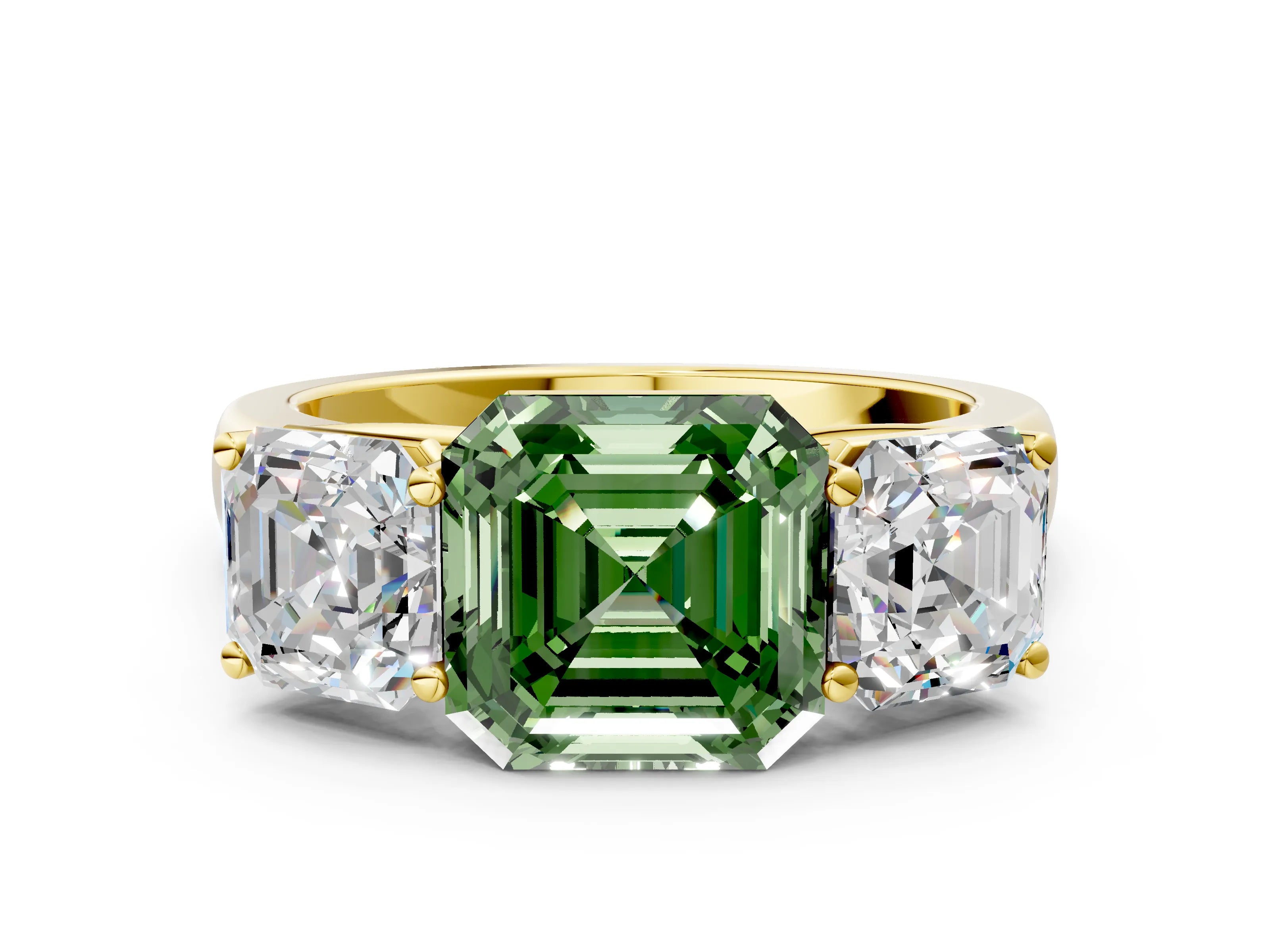 Yellow gold Fancy Green Asscher Cut Three-Stone Diamond Ring with Prong Setting on a Classic Band