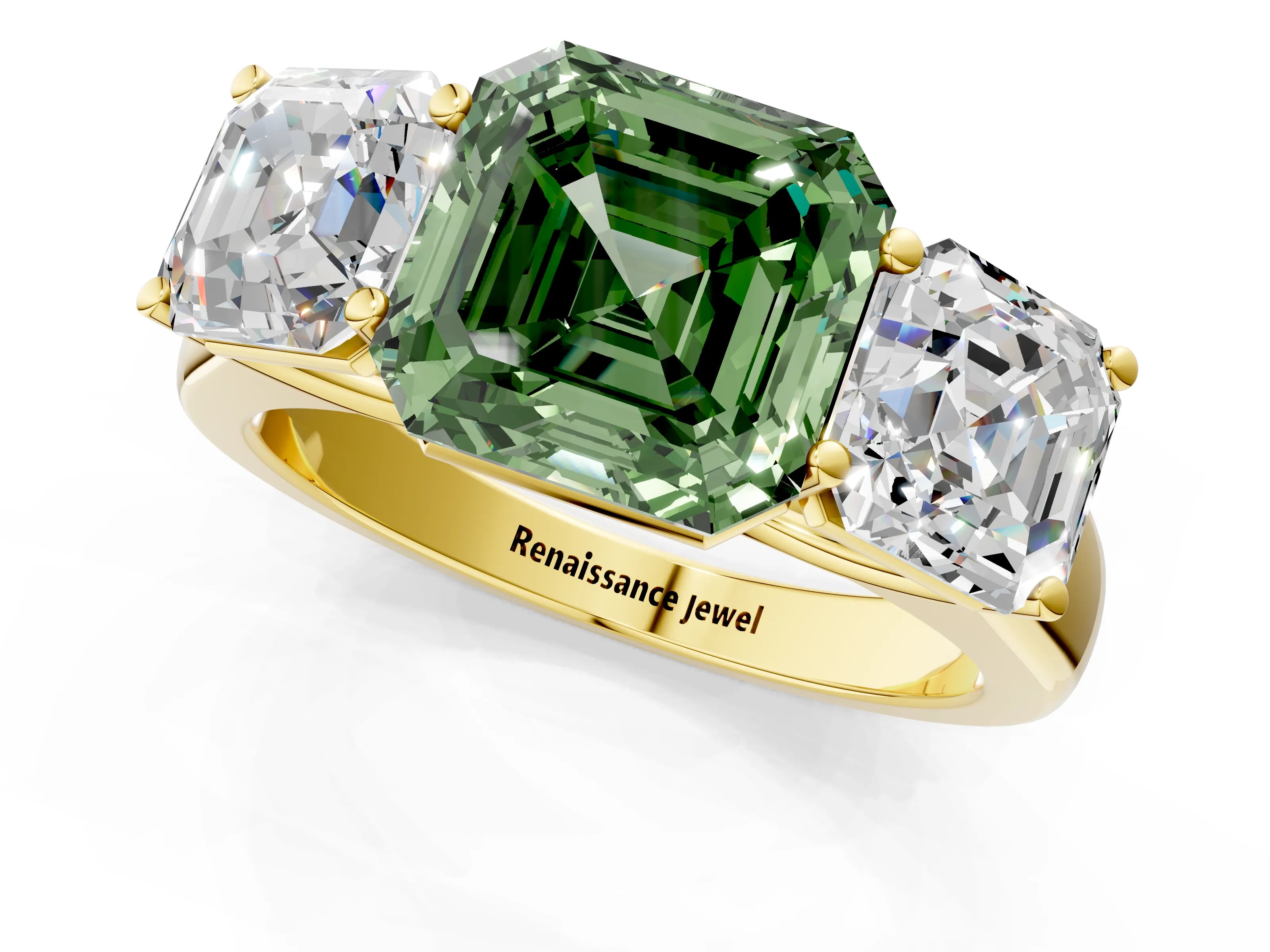 Yellow gold Fancy Green Asscher Cut Three-Stone Diamond Ring with Prong Setting on a Classic Band_1