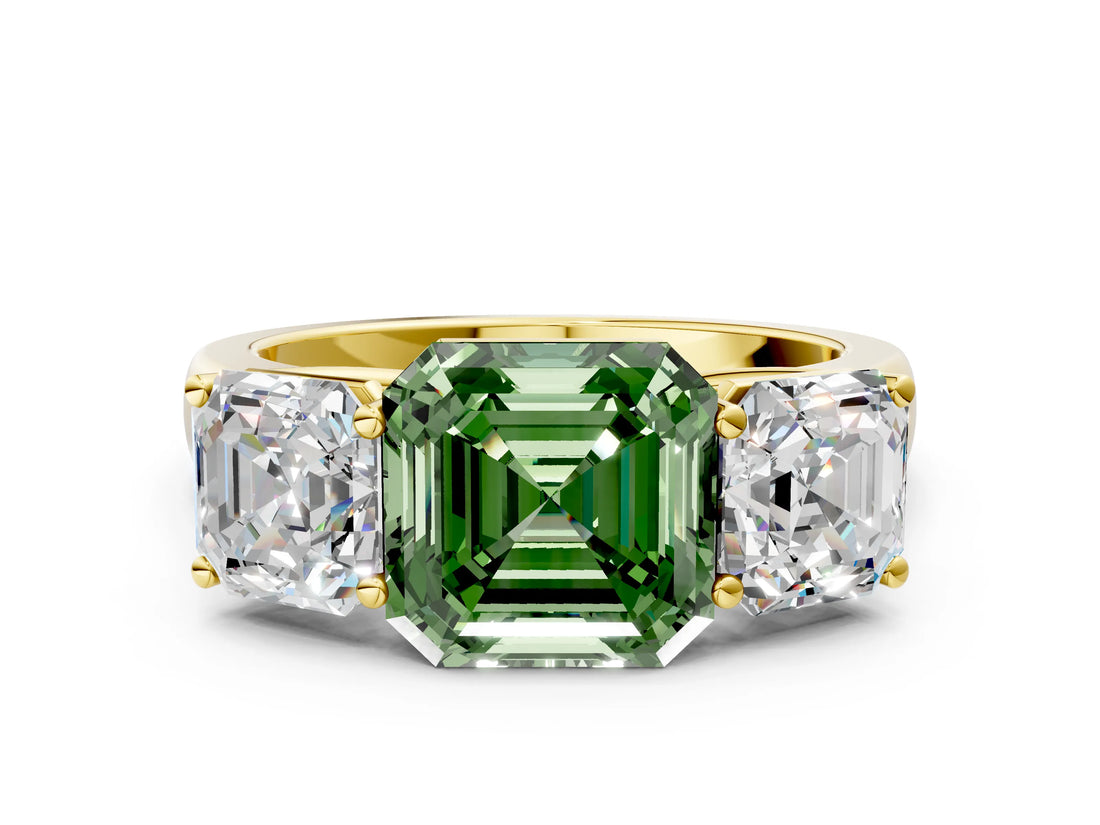Yellow gold Fancy Green Asscher Cut Three-Stone Diamond Ring with Prong Setting on a Classic Band_12