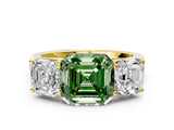 Yellow gold Fancy Green Asscher Cut Three-Stone Diamond Ring with Prong Setting on a Classic Band_12