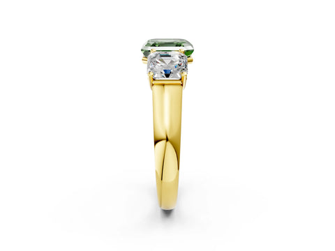 Yellow gold Fancy Green Asscher Cut Three-Stone Diamond Ring with Prong Setting on a Classic Band_2