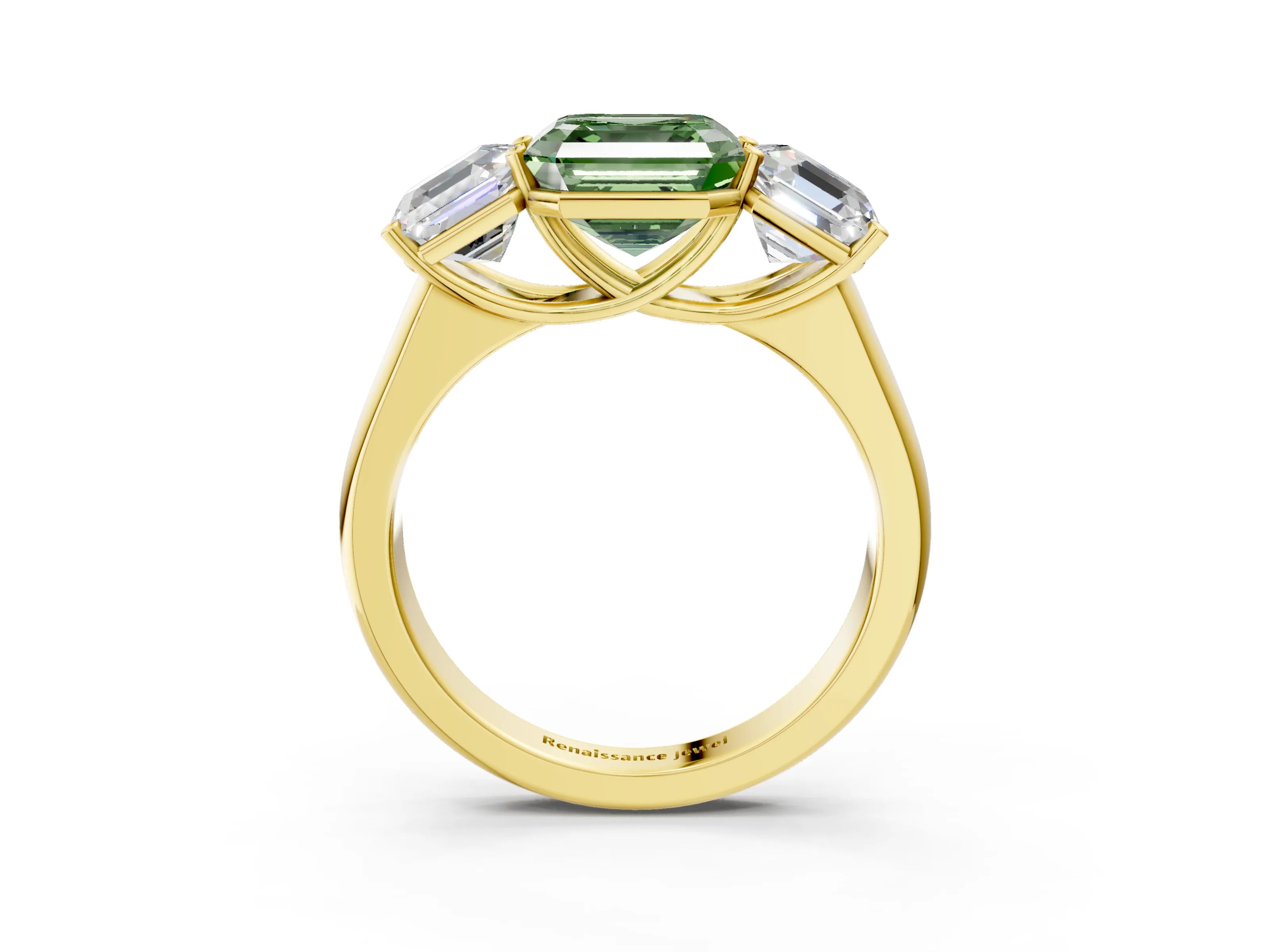 Yellow gold Fancy Green Asscher Cut Three-Stone Diamond Ring with Prong Setting on a Classic Band_3