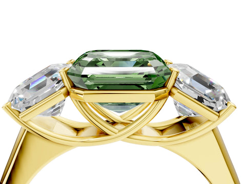 Yellow gold Fancy Green Asscher Cut Three-Stone Diamond Ring with Prong Setting on a Classic Band_4