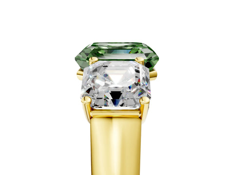 Yellow gold Fancy Green Asscher Cut Three-Stone Diamond Ring with Prong Setting on a Classic Band_5
