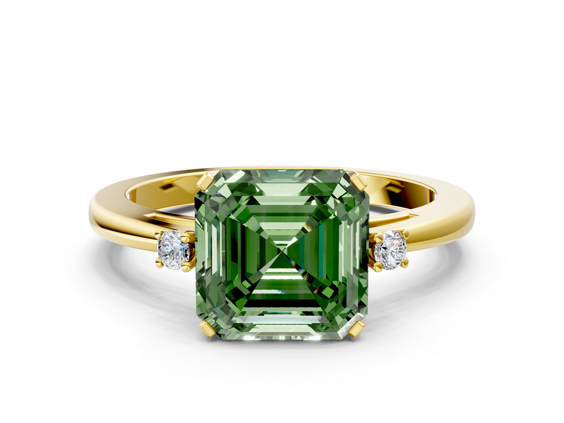 Yellow gold Fancy Green Asscher  Cut Three-Stone Solitaire Ring with Round Accent Diamonds and Four-Prong Setting