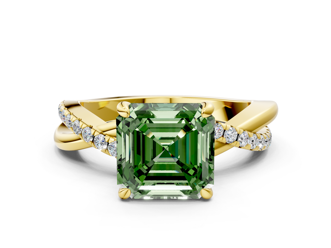 Yellow gold Fancy Green Asscher  Cut Twist Band Solitaire Diamond Ring with Pavé Setting_3
