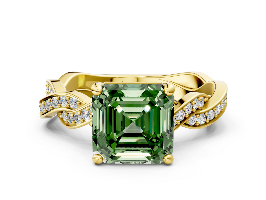 Yellow gold Fancy Green Asscher  Cut Twisted Pavé Band Solitaire Ring with Four-Prong Setting
